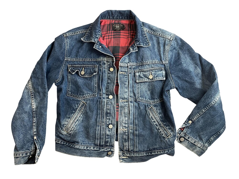 RRL Ralph Lauren Jacket Mens Medium Blue Denim Plaid Lined Bomber Western USA